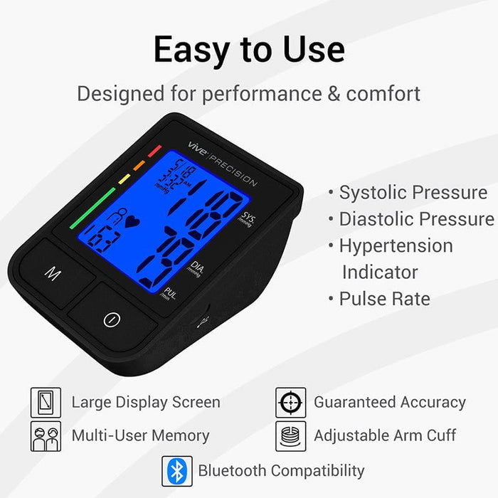 Blood pressure monitor with large display, Bluetooth, multi-user memory, and accuracy guarantee.