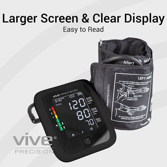 Digital blood pressure monitor with a large screen and clear display, easy to read, including arm cuff.