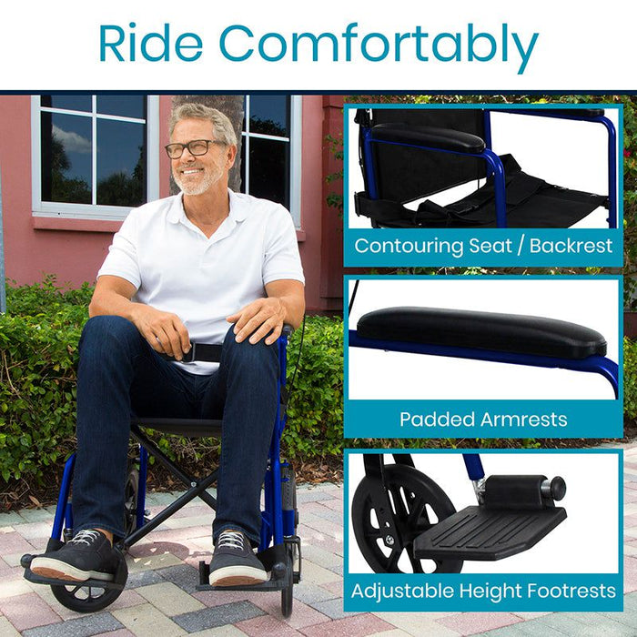 ride comfortably with contouring seat, padded armrest & adjustable height footrests