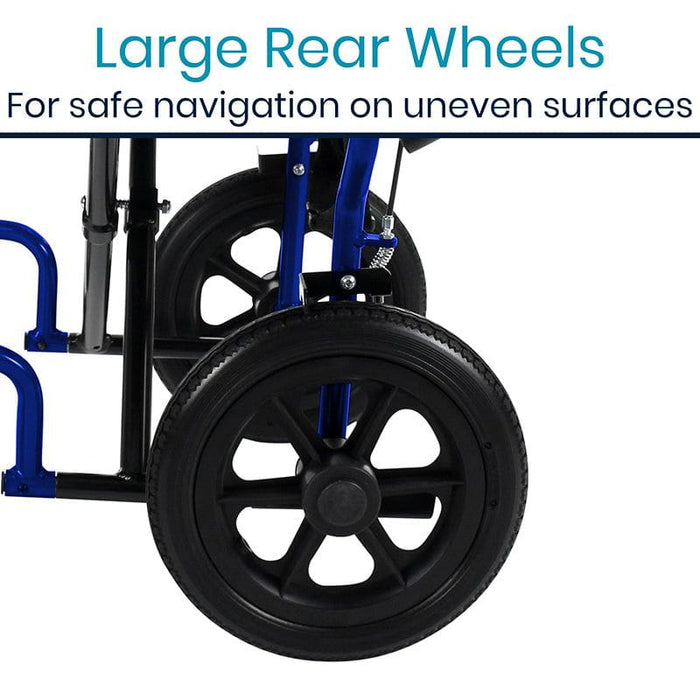 large rear wheels for safe navigation on uneven surfaces