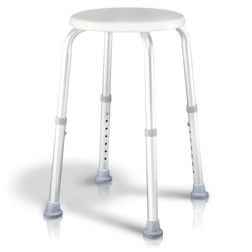 Compact white shower stool with textured seat, angled adjustable legs, and nonslip caps for safety & stability.