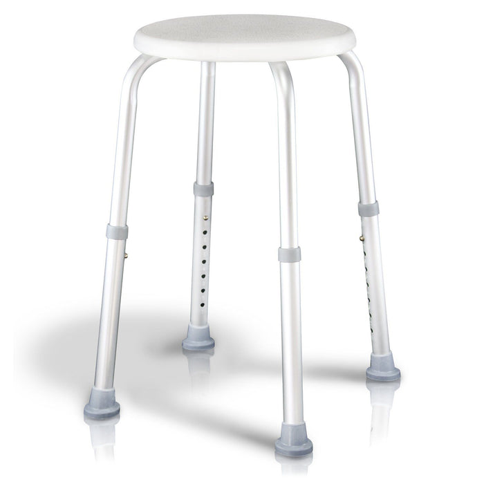 Compact white shower stool with textured seat, angled adjustable legs, and nonslip caps for safety & stability.
