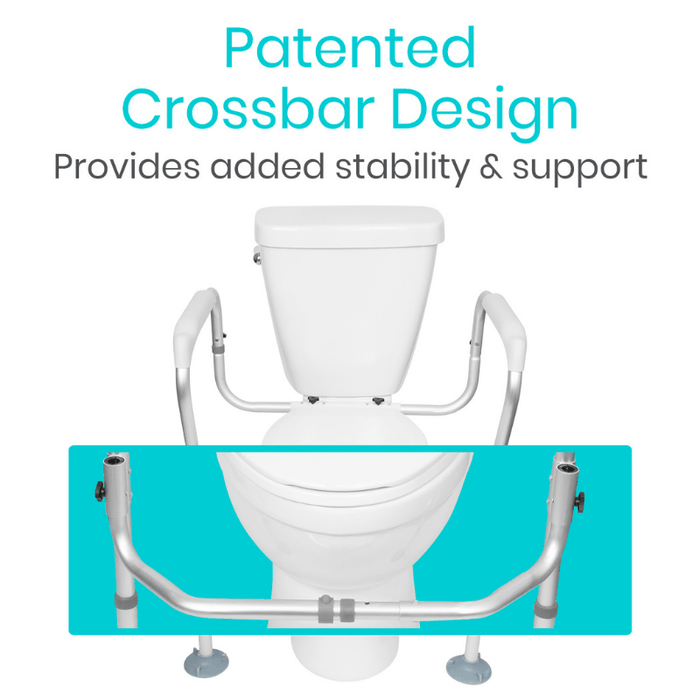 Vive safety toilet aid with patented crossbar design for added stability & support, shown on a toilet.