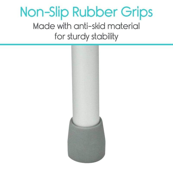 Gray non-slip rubber grip on foot of shower stool. Made with anti-skid material for sturdy stability.