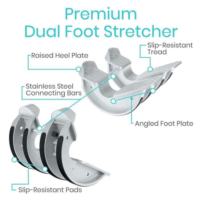 Premium Dual Foot Stretcher. Slip-resistant tread, raised heel plate, slip-resistant pads and angled foot plate