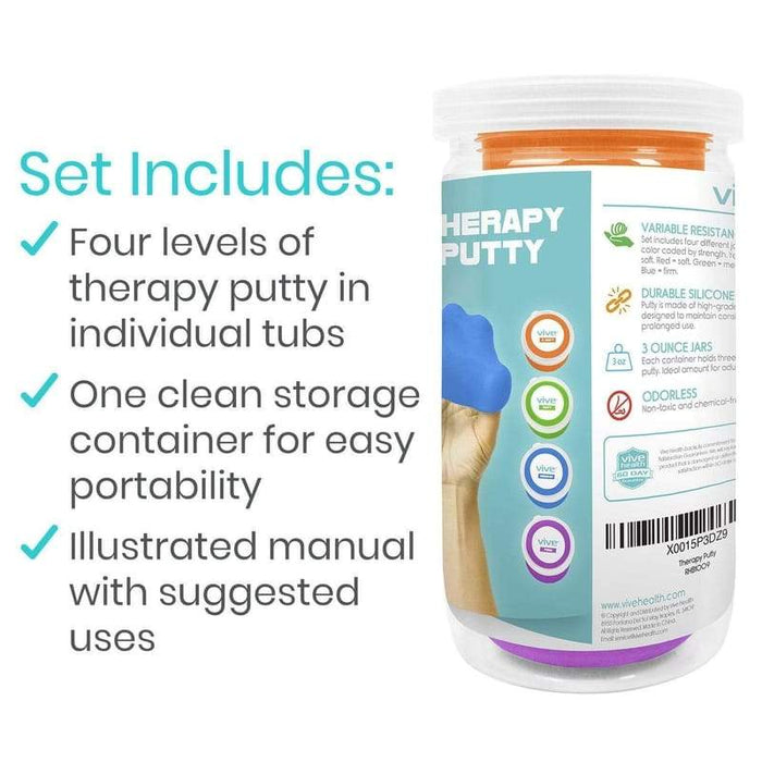 Set includes four levels of therapy putty, one storage container and an illustrated manual with suggested uses