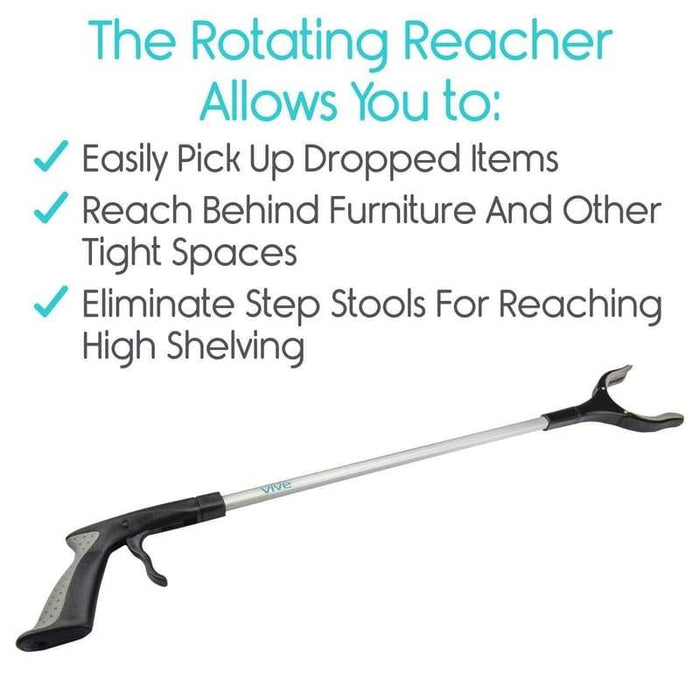 The Rotating Reacher Allows You To: Easily Pick Up Dropped Items, Reach Behind Furniture And Other Tight Spaces, Eliminate Step Stools For Reaching HIgh Shelving 