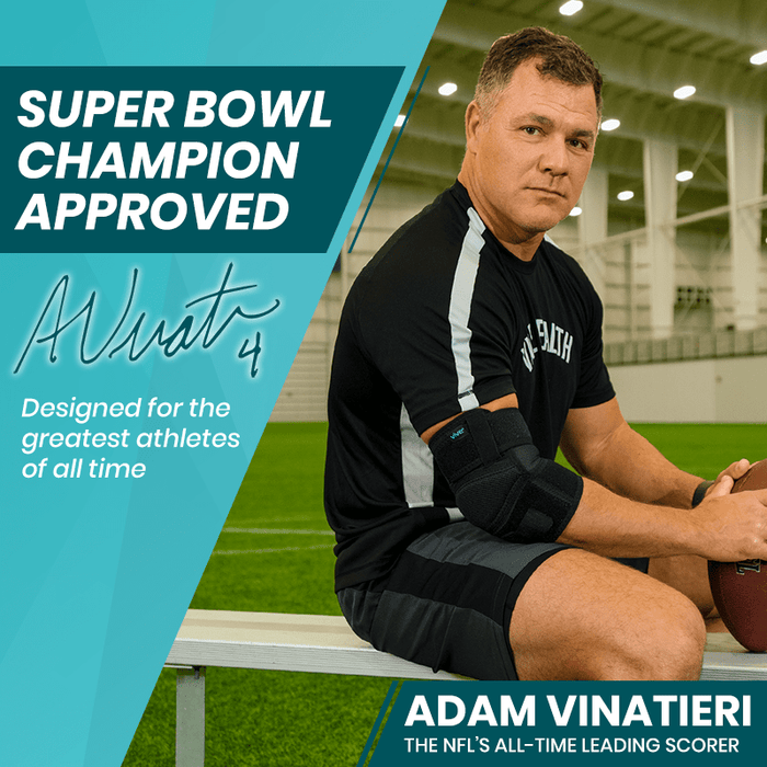 elbow brace black, super bowl champion approved, adam vinatieri