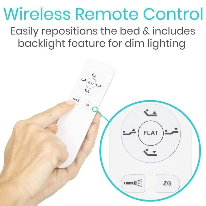 Wireless Remote Control easily repositions the bed & includes backlight feature for dim lighting